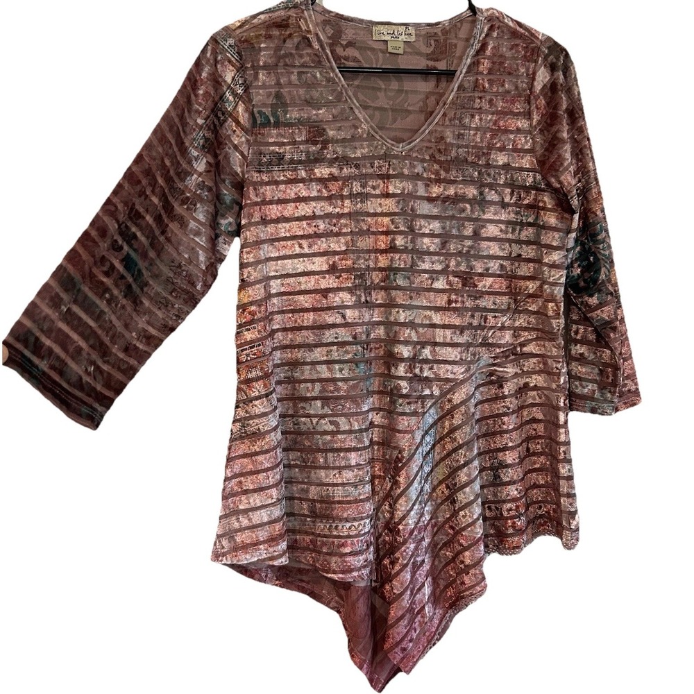 Live and Let Live Top Sz L Petite Fairy Asymmetric Hem Velvet Floral Shimmery